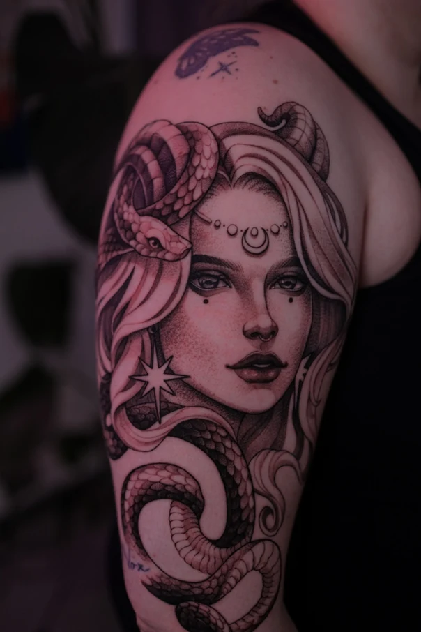 Realism Snake, Woman tattoo on Upper Arm