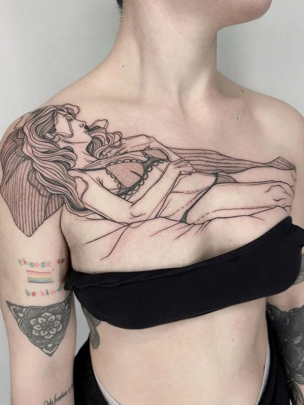 female black linework tattoo on chest #71639 | Tattoo Artist Nicolas Agus