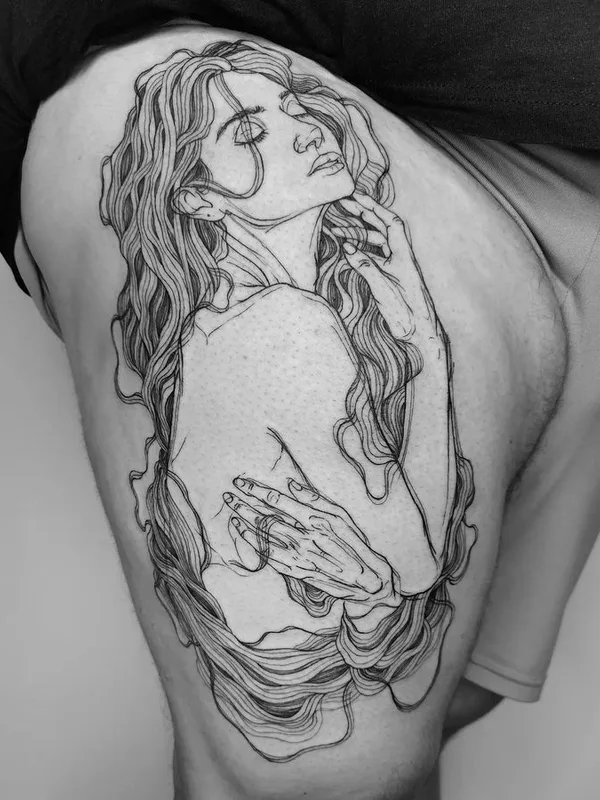 female black linework tattoo on thigh #71636 | Tattoo Artist Nicolas Agus