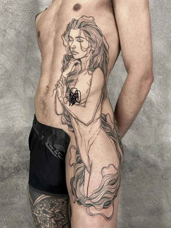 male black linework tattoo on side #71641 | Tattoo Artist Nicolas Agus
