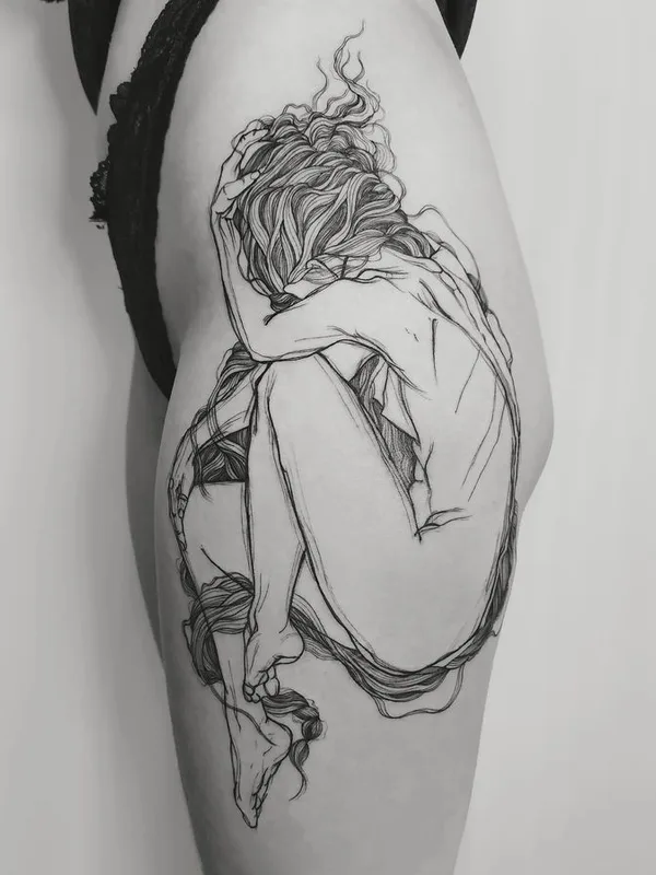 female black and grey sketch tattoo on thigh #71630 | Tattoo Artist Nicolas Agus