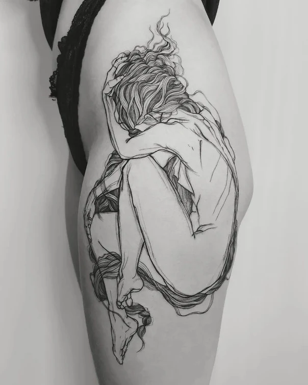 Sketch Figure tattoo on Thigh