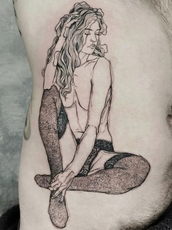 female black and grey linework tattoo on side #71635 | Tattoo Artist Nicolas Agus