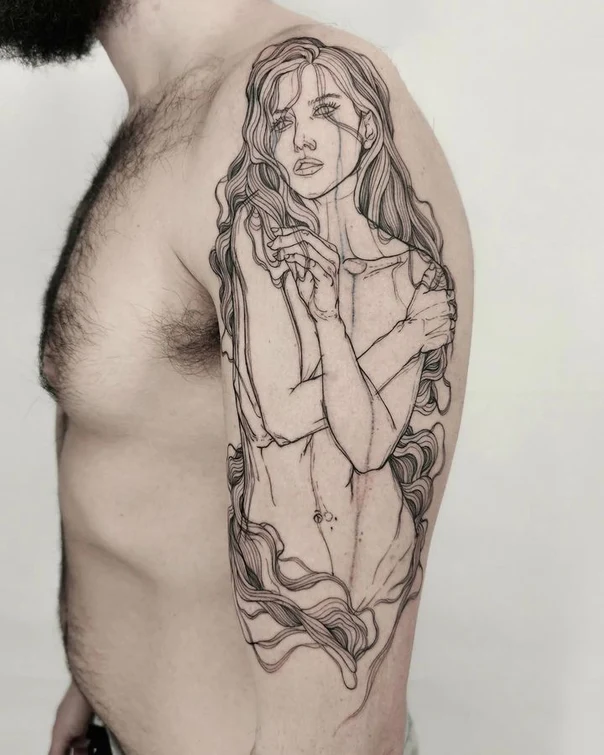 Fineline Figure tattoo on Upper Arm