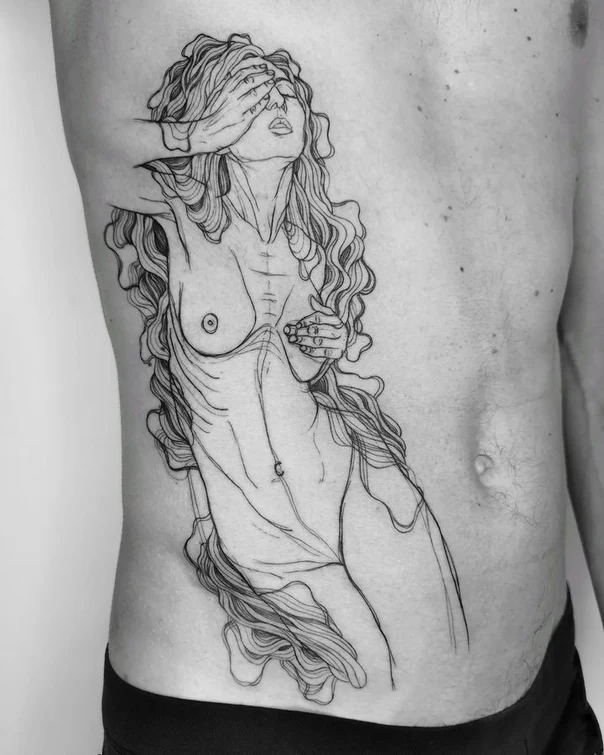 Fineline Figure, Hands tattoo on Ribcage