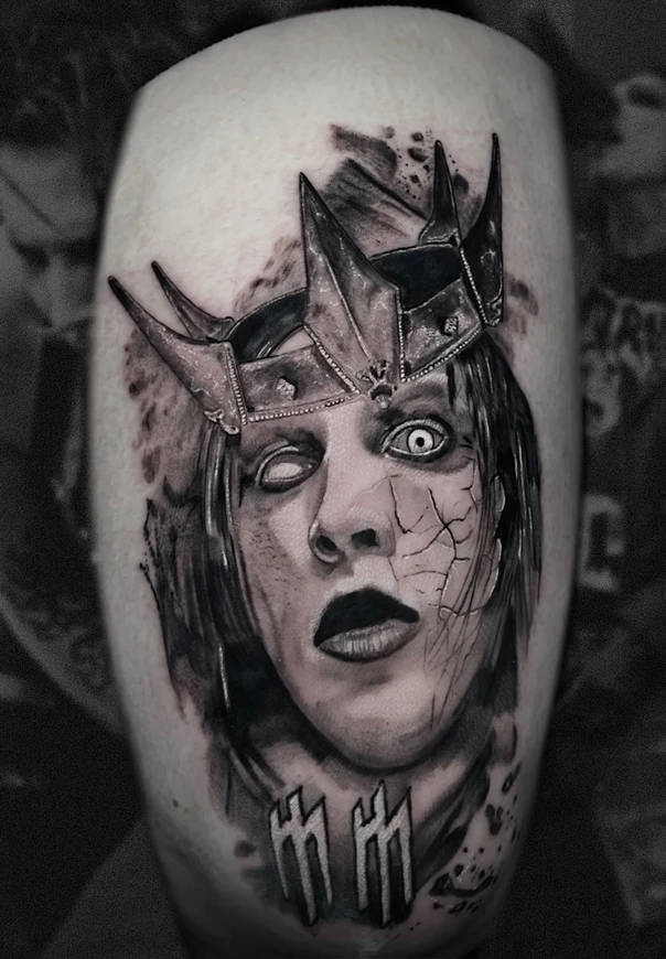 Black & Grey Portrait, Crown tattoo on Forearm