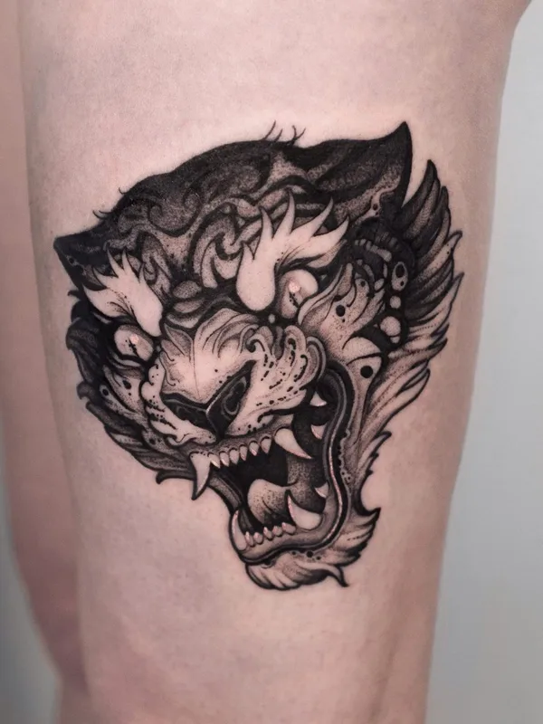 black and grey blackwork татуировка на thigh #71664 | Тату мастер Boris Popov
