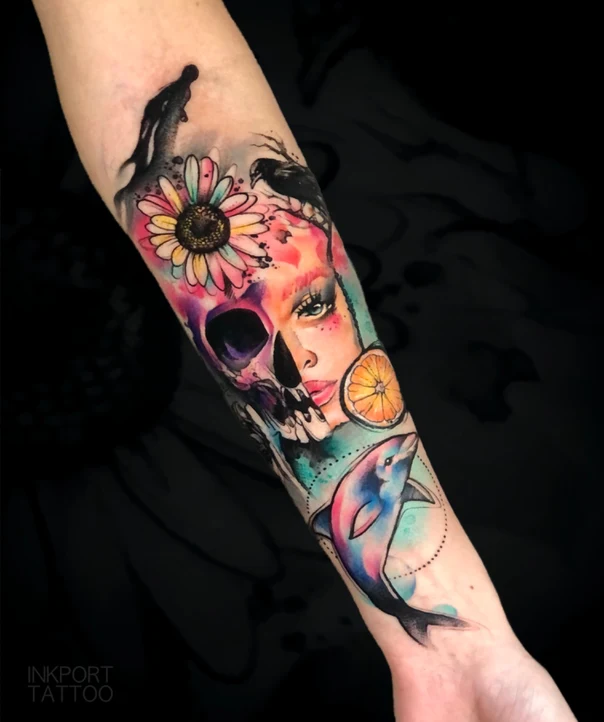 Watercolor Skull, Flower tattoo on Forearm