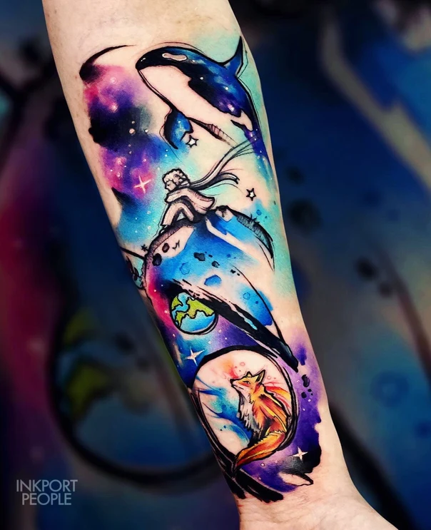 Watercolor Whale, Stars tattoo on Forearm