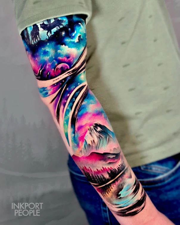 Watercolor Galaxy, Mountain tattoo on Full Sleeve