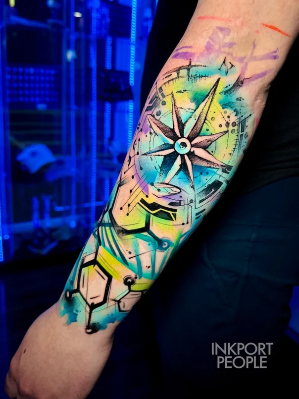 Watercolor Compass, Geometric tattoo on Forearm