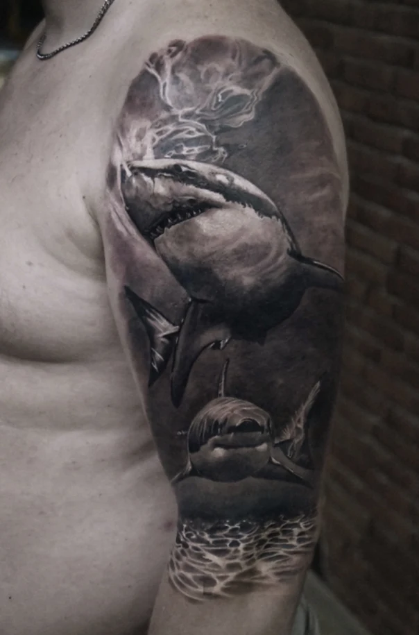 Realism Shark, Ocean tattoo on Full Sleeve
