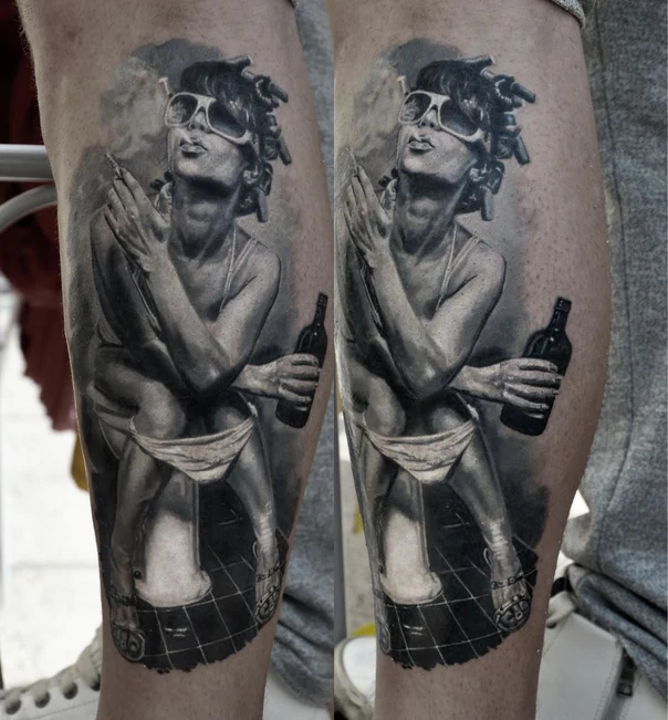 Realism Woman, Cigarette tattoo on Calf