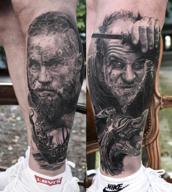 Realism Portrait, Viking tattoo on Calf