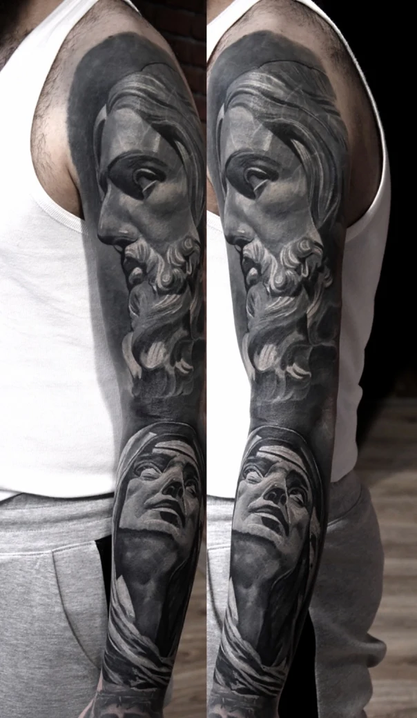 Realism Religious, Statue tattoo on Full Sleeve