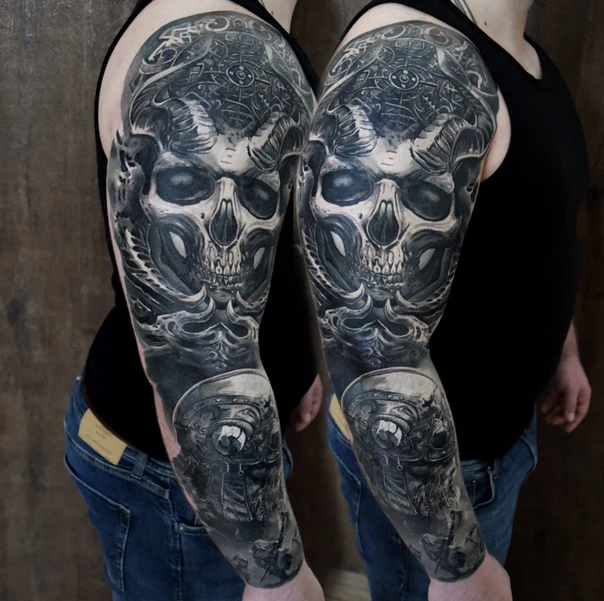 Black & Grey Skull, Biomechanical tattoo on Full Sleeve