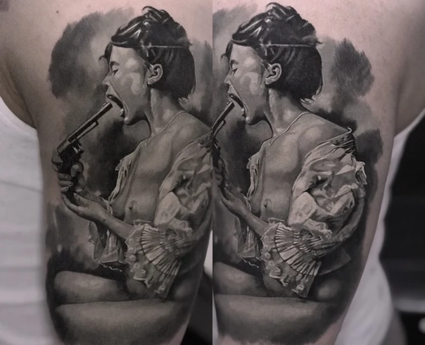 Realism Portrait, Gun tattoo on Upper Arm