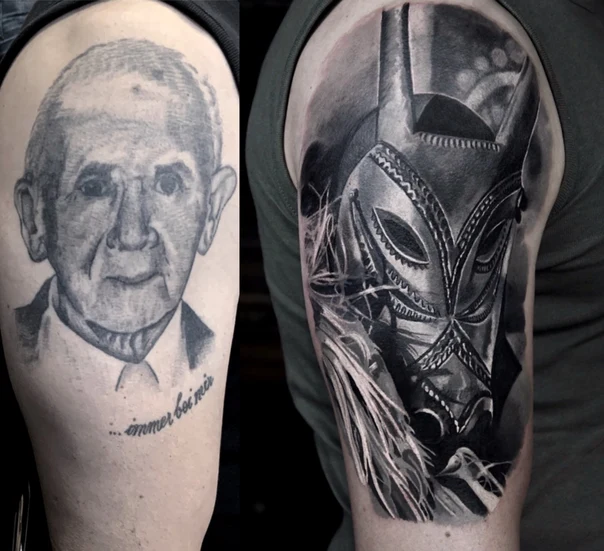 Black & Grey Portrait, Mask tattoo on Upper Arm