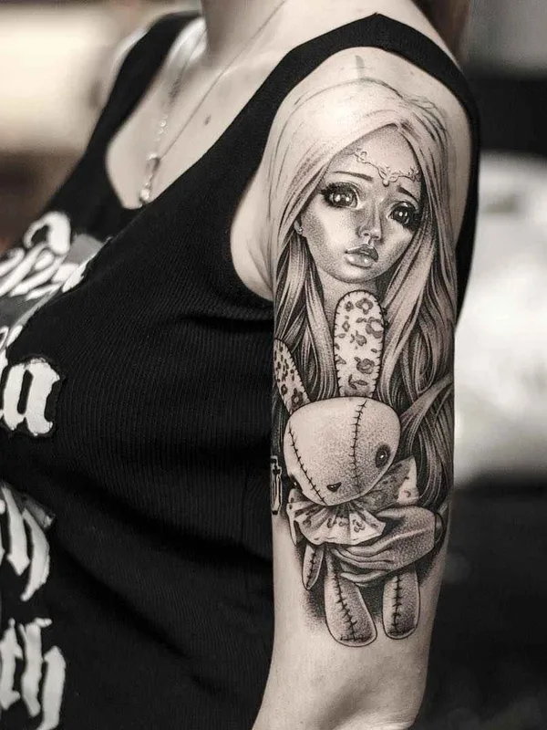 female black and grey black and grey tattoo on upper arm #1429 | Tattoo Artist Дмитрий Трошин