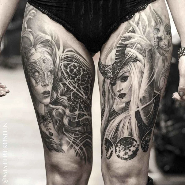 Black & Grey Portrait, Mask tattoo on Thigh