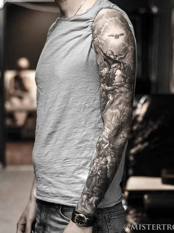 black and grey realism tattoo on full sleeve #1431 | Tattoo Artist Дмитрий Трошин
