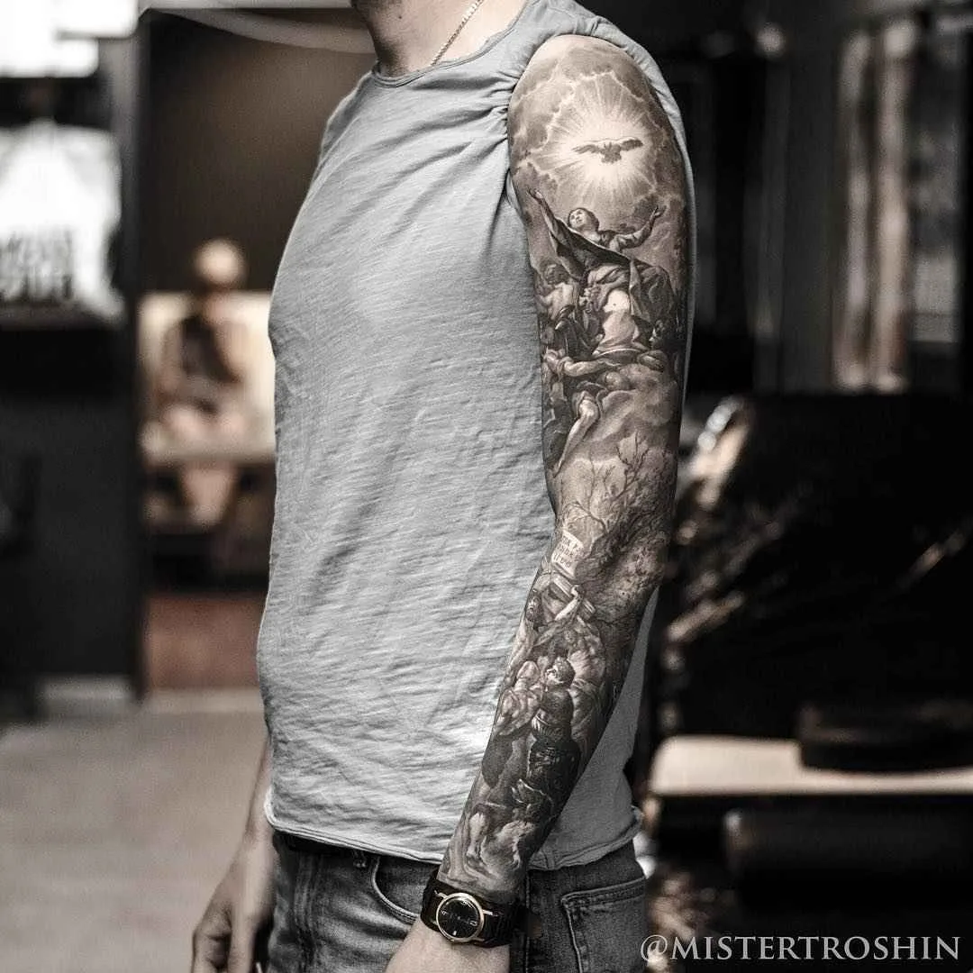 Tattoo artist Dmitry Troshin, black and grey realistic tattoo, engraving, black and grey realism | Moscow, Russia