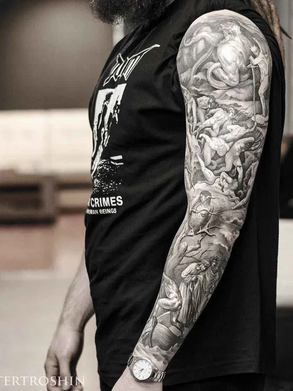 male black and grey realism tattoo on full sleeve #1430 | Tattoo Artist Дмитрий Трошин