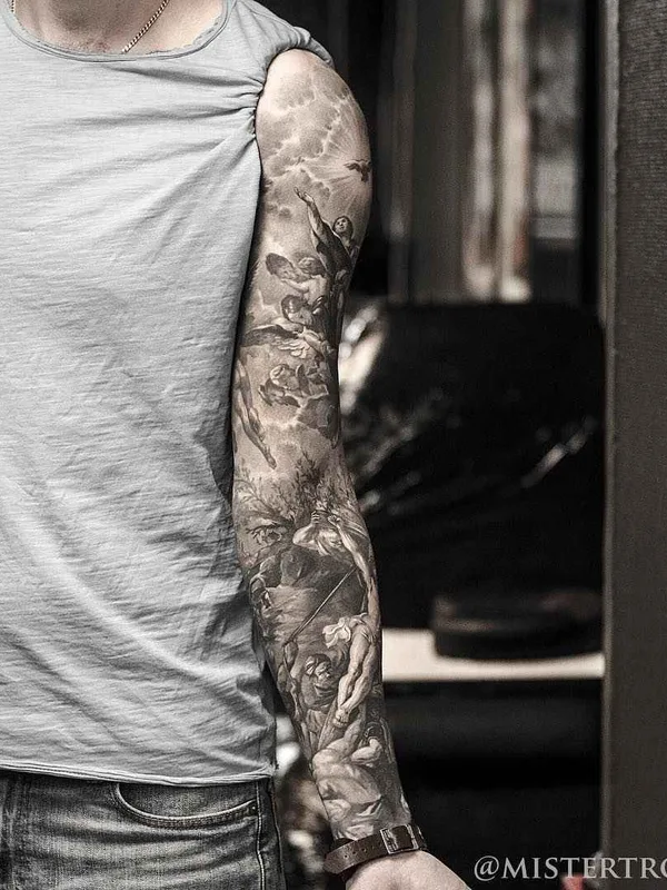 male black and grey realism tattoo on full sleeve #1433 | Tattoo Artist Дмитрий Трошин