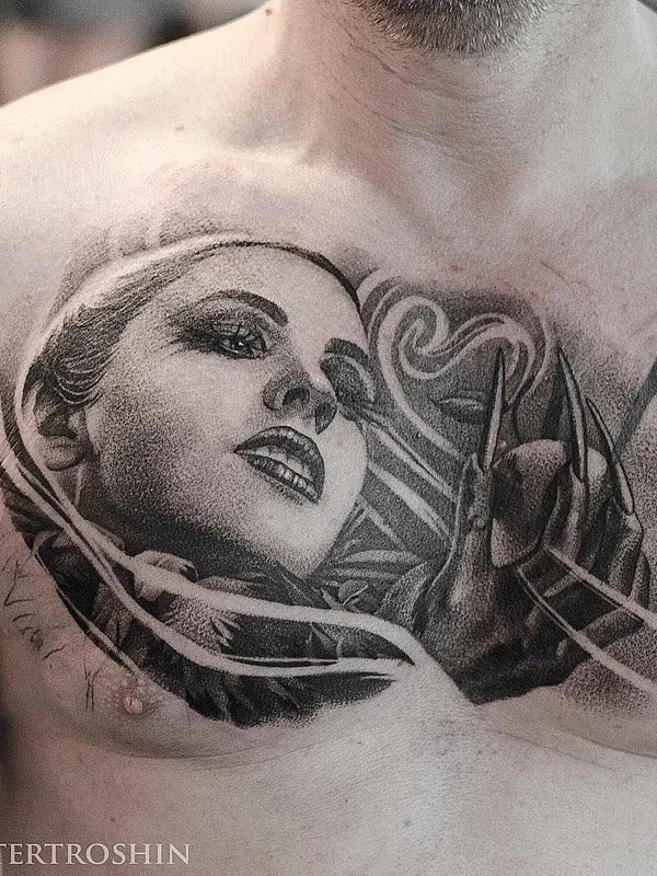 male black and grey realism tattoo on chest #1435 | Tattoo Artist Дмитрий Трошин