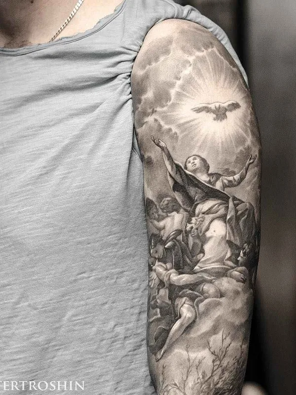 black and grey realism tattoo on full sleeve #1434 | Tattoo Artist Дмитрий Трошин
