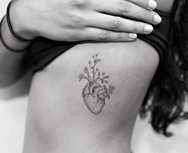 Fineline Heart, Flowers tattoo on Ribcage