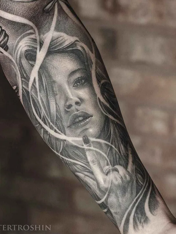 female black and grey realism tattoo on forearm #1438 | Tattoo Artist Дмитрий Трошин