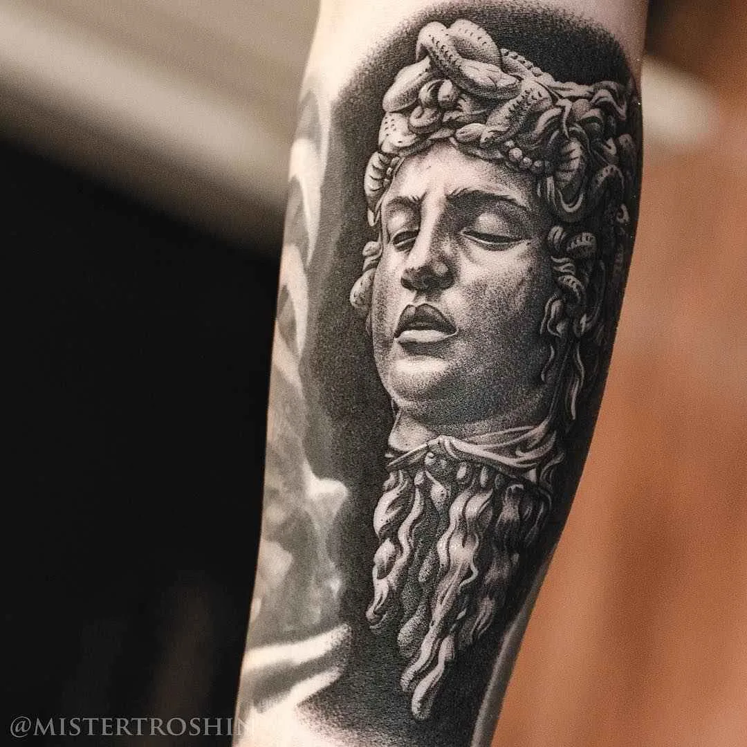 Tattoo artist Dmitry Troshin, black and grey realistic tattoo, engraving, black and grey realism | Moscow, Russia