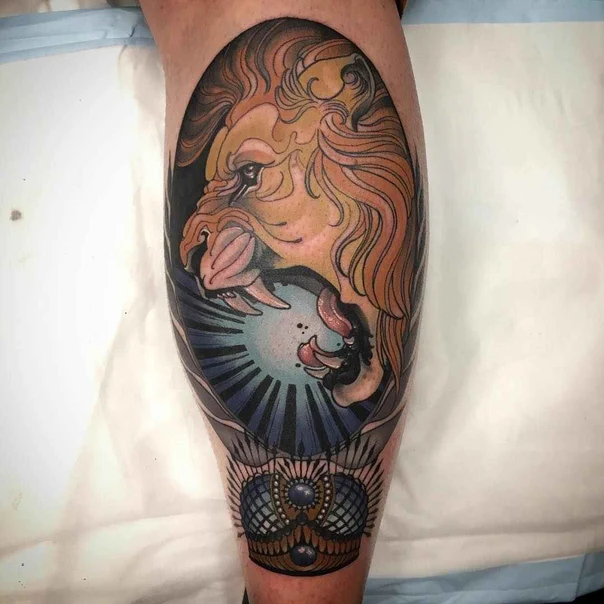 Neo Traditional Lion, Crown tattoo on Calf