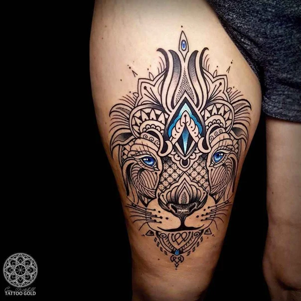 Ornamental Lion, Mandala tattoo on Thigh