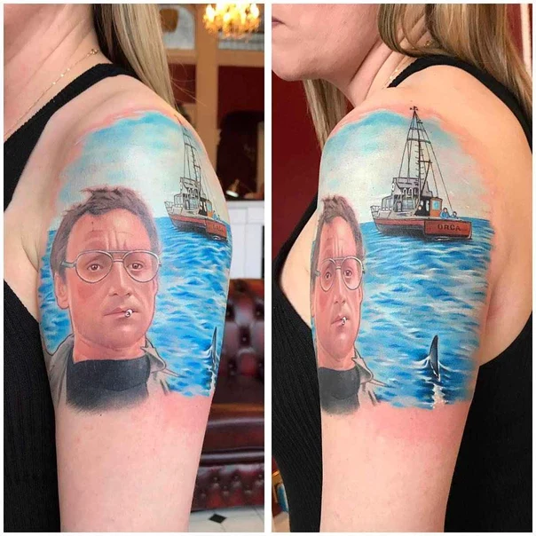 Realism Portrait, Boat tattoo on Upper Arm