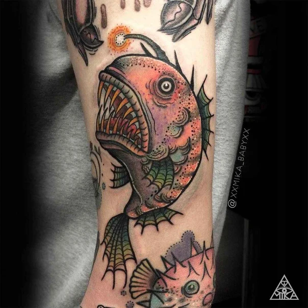 Neo Traditional Fish, Sea creature tattoo on Forearm