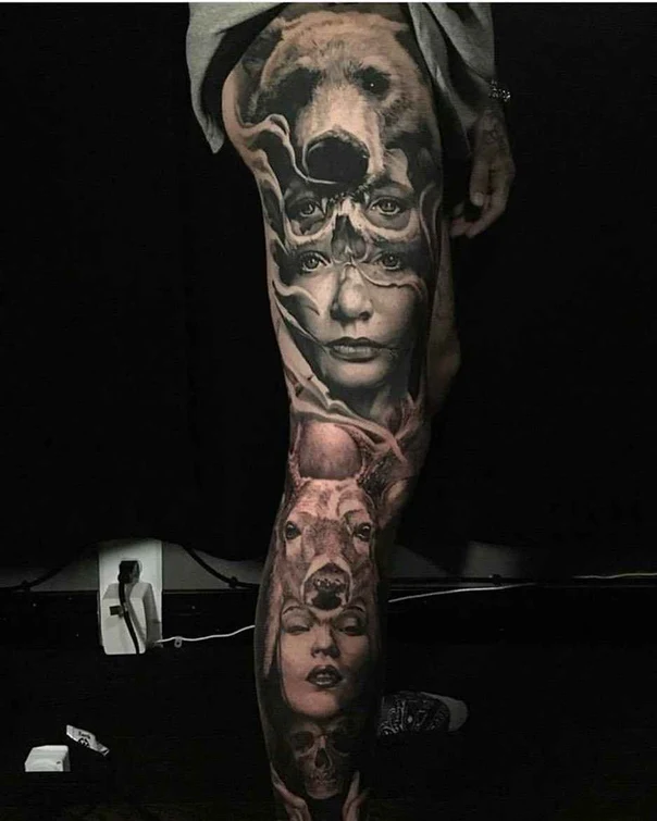 Realism Skull, Bear tattoo on Thigh