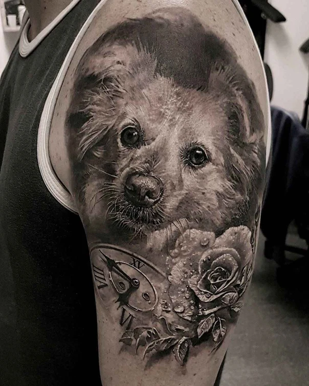 Realism Dog, Rose tattoo on Shoulder