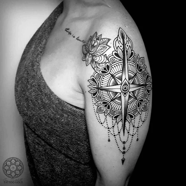 Ornamental Compass, Floral tattoo on Shoulder