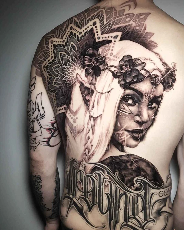 Black & Grey Portrait, Mandala tattoo on Full Back