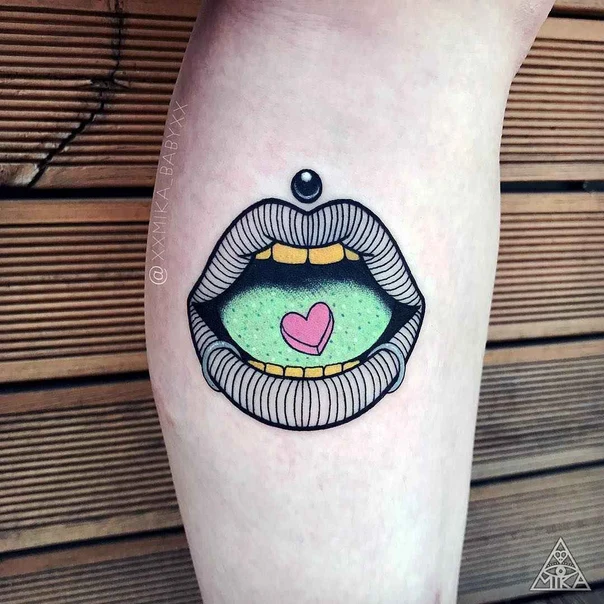 Illustrative Lips, Heart tattoo on Thigh