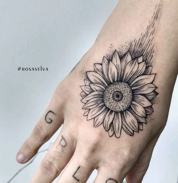 Linework Sunflower tattoo on Back of Hand