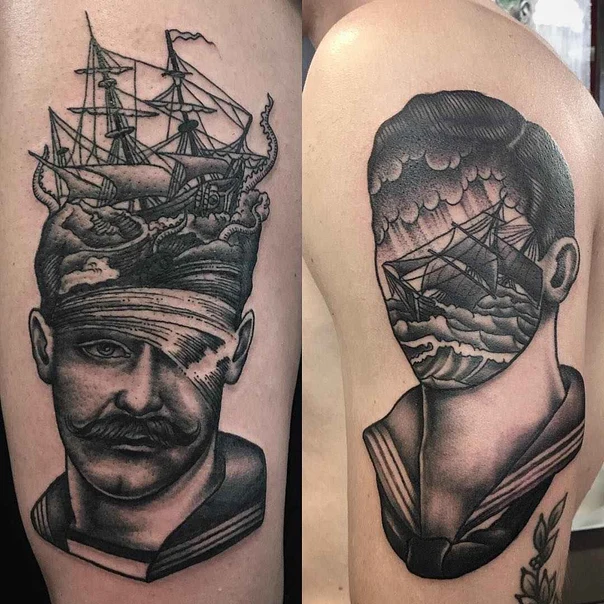 Black & Grey Ship, Portrait tattoo on Upper Arm