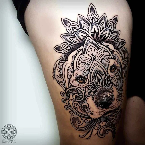 Ornamental Dog, Mandala tattoo on Thigh