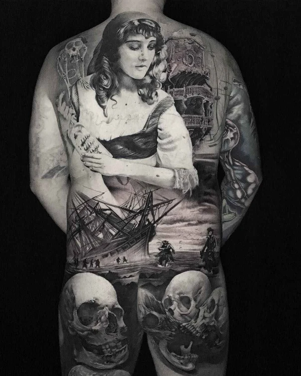 Realism Skull, Ship tattoo on Full Back