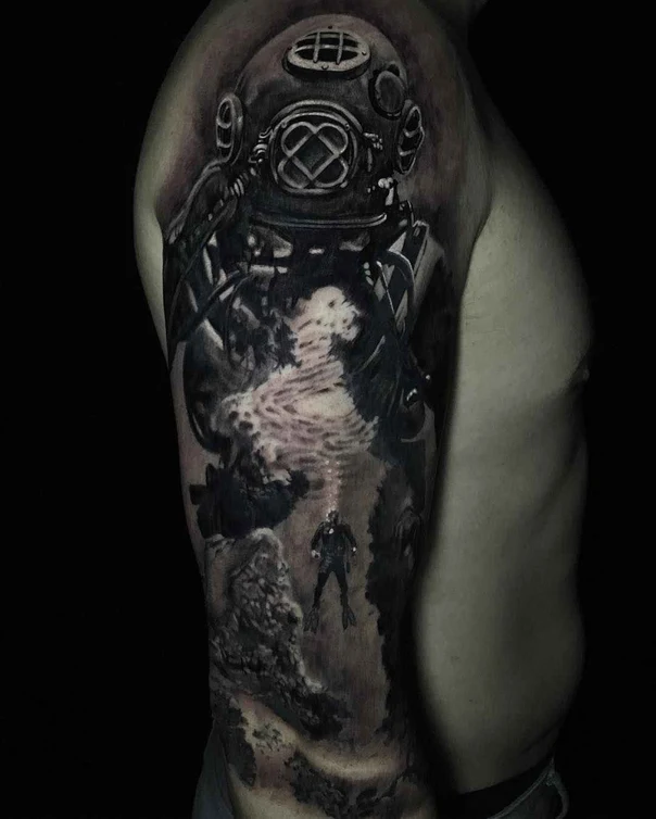Realism Diver, Underwater tattoo on Full Sleeve