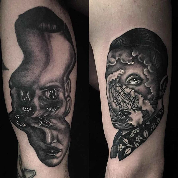 Surrealism Portrait, Face tattoo on Forearm