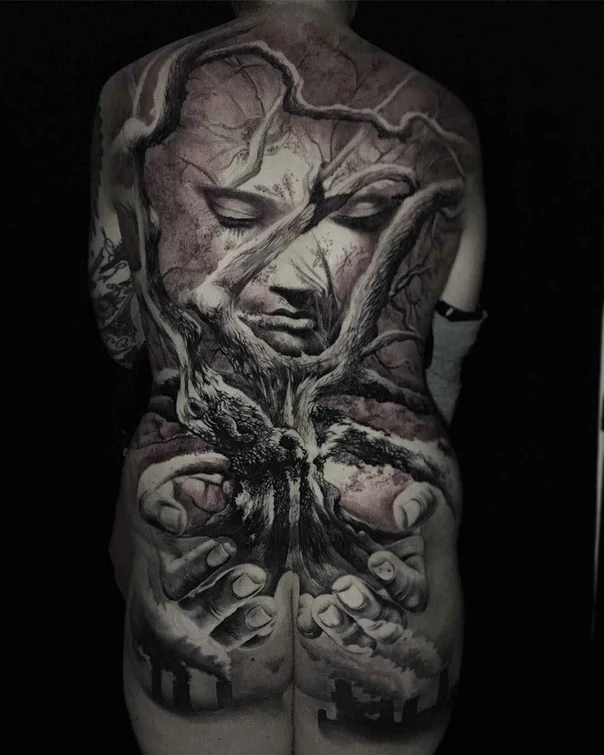 Realism Face, Tree tattoo on Full Back