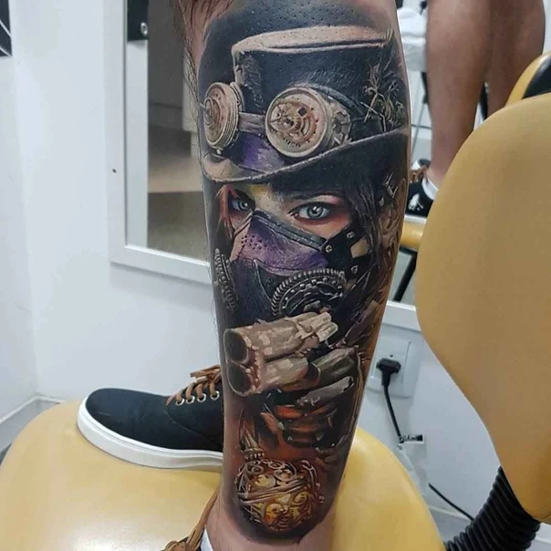 Realism Portrait, Mask tattoo on Calf